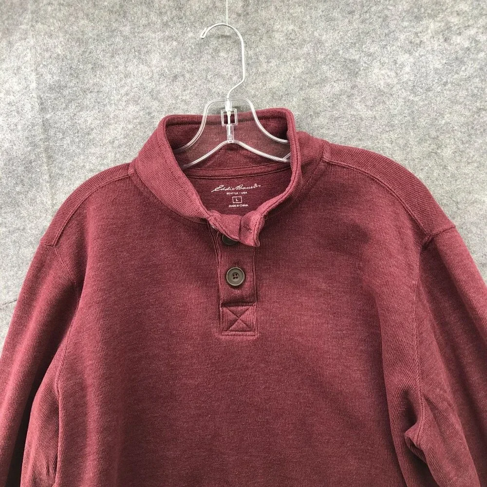 Eddie Bauer Mock Neck Sweatshirt Mens L 1/4 Button‎ Burgundy Wine Pullover